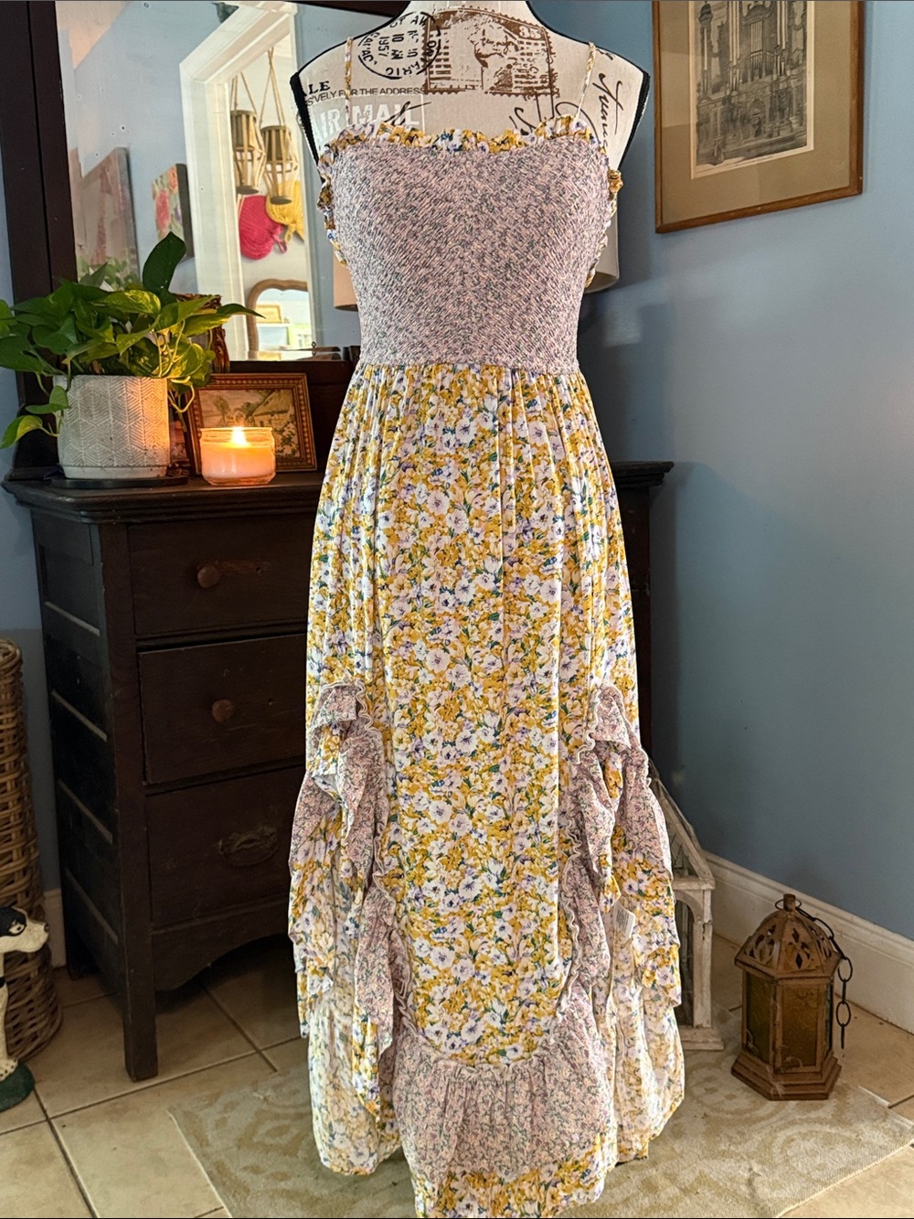 GiGiO Floral Smocked Ruffle Maxi Dress Cottagecore Boho Small - Picture 7 of 16